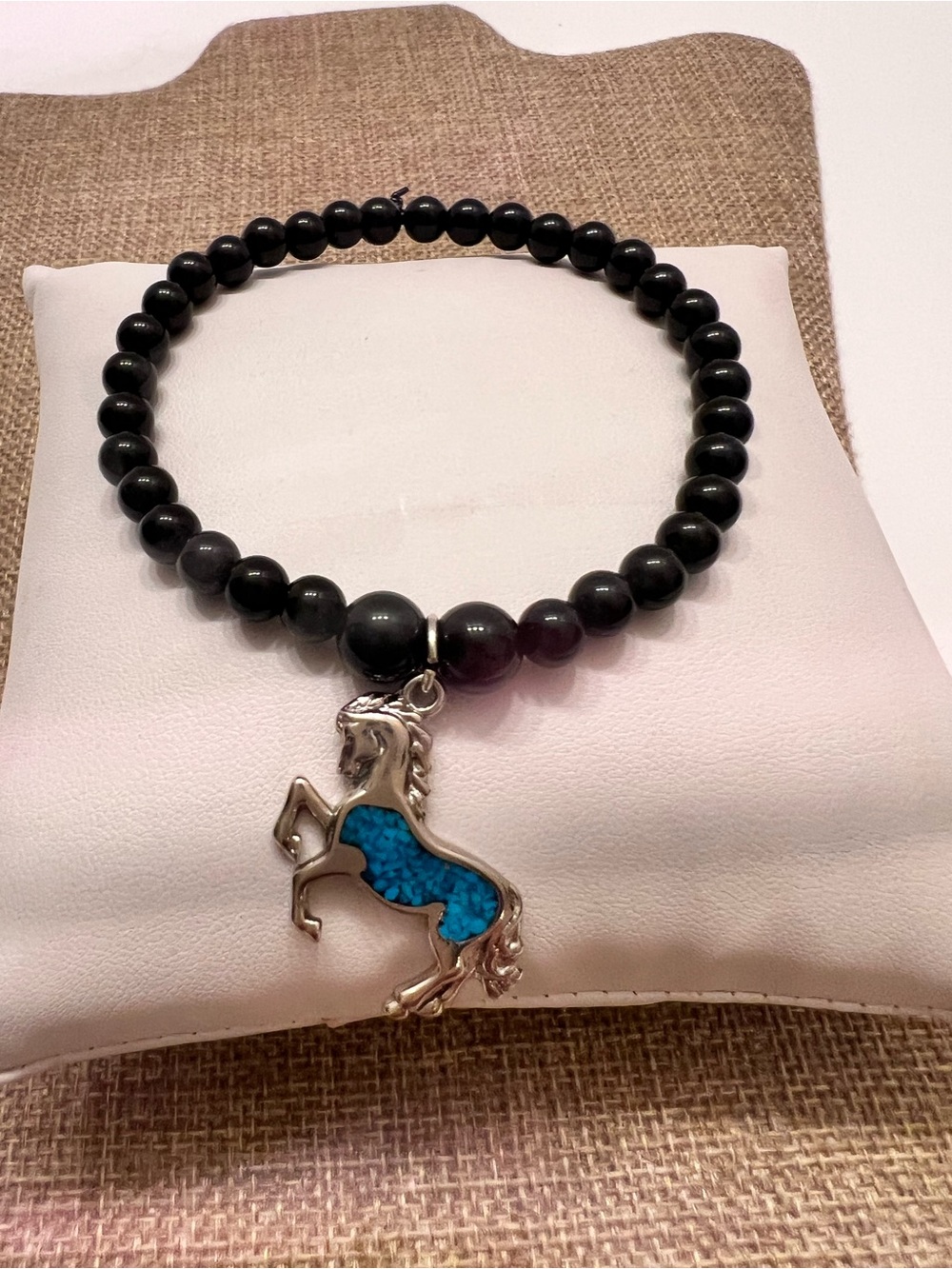 Black Beaded Bracelet with Turquoise Horse Charm - Women's Jewelry